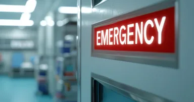 The image shows an illuminated "EMERGENCY" sign on a hospital door