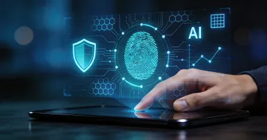 Fingerprint biometric security authentication on tablet with AI technology, concept of cyber security, identity verification and data protection for digital privacy and safe