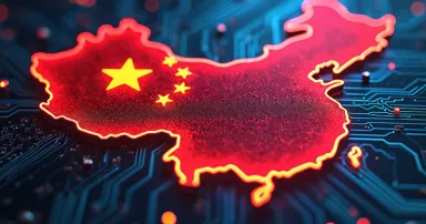 China map outline, flag colors red, yellow glowing. Futuristic circuit board digital technology backdrop. High-tech data streams, innovation, modern design, connectivity global network.