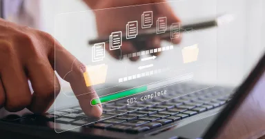 Transfer files data system relocation with internet cloud technology concept. Person hand using laptop computer waiting for transfer file process with loading bar icon on virtual screen.