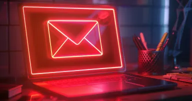 An awareness sign in the laptop's email inbox informs of phishing attempts and the necessity for awareness.