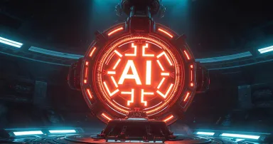 AI Sphere: A glowing red AI logo illuminates a futuristic, sci-f