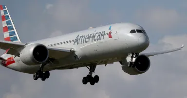 An American Airlines Boeing 787-9 Dreamliner approaches for a landing.