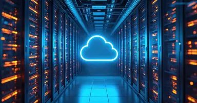 Hybrid cloud integration architecture within data centers. Seamless interoperability on-premises cloud infrastructure. Modern tech, digital transformation, AI, data management solutions for secure