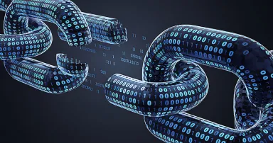 A 3D rendering shows a chain of binary code links breaking apart, symbolizing a data breach or cybersecurity vulnerability.