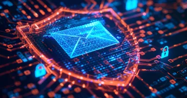 An email icon surrounded by a shield, with digital locks in the background, illustrating robust email security measures