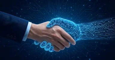 Human hand shaking digital robotic hand made of glowing particles and circuits on dark blue background