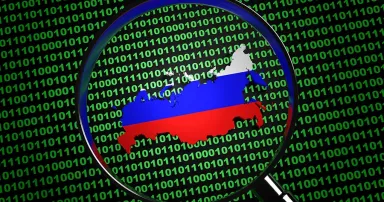 Magnifying glass found the Russia map among computer binary code