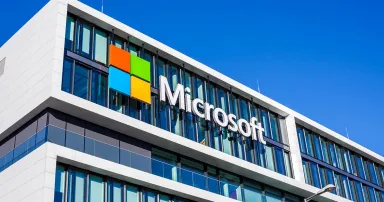 Microsoft logo at the company office building located in Munich, Germany