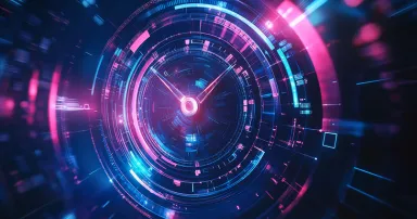 Futuristic abstract technology background featuring a time machine and rotating clock hands design