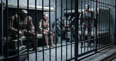Various robots and androids behind bars in a prison cell.