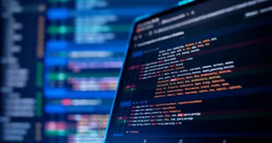 Running Computer data programming. Coding script text on screen. Notebook closeup