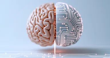 Half human brain and half digital circuit brain symbolizing the fusion of biology and artificial intelligence.