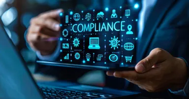 Compliance Officer Enforces Regulatory Standards and Policies Through Innovative Virtual Interface on Laptop
