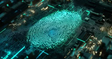 A vibrant teal fingerprint, rendered in luminous digital particles, is seamlessly integrated into a complex circuit board. This captivating image evokes themes of secure digital identity, biometric technology, and the intersection of human biology and advanced computing.