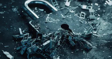 Cyberpunk gloom a shattered padlock symbolizes data breach amidst scattered devices broken chain of trust visualized.