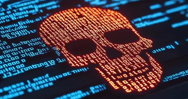 Hacked computer system showing a skull icon with lines of code, illustrating cybercrime, data protection issues, and malware