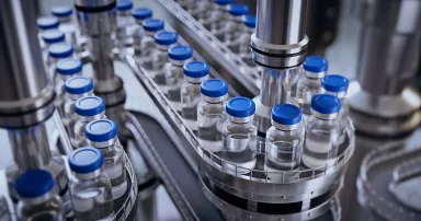 3d render, conveyor with the glass jars, modern pharmaceutical factory. Closeup of ampules are being filled with vaccine and closed with blue caps. Medical wallpaper