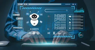 AI agent and generative artificial intelligence concept. Businessman using AI agents on screen, including chatbots, AI assistants, and data analytics tools on a laptop. LLM, Ai agentic workflows.