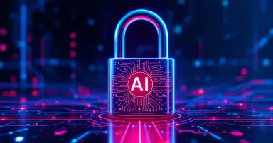 Digital padlock with AI symbol representing artificial intelligence and cybersecurity protection for data