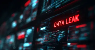 A digital representation of a data leak warning, featuring glowing red text against a dark, high-tech background.