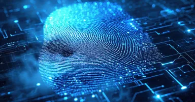 <p>Digital fingerprint overlaying circuit board. Blue glow, futuristic design, security concept, technology illustration. Complex patterns visible.</p>
