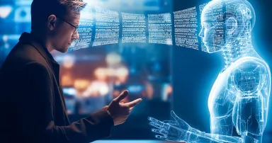 Robotics or ai artificial intelligence connecting interaction with human.Chat bot software network.big data and transfer protocol system.Neuralink with smart brain.