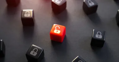 Hacking the security. The threat of information leakage and the security of the system. Red open padlock among closed black ones. Close the gap, fix the problem.