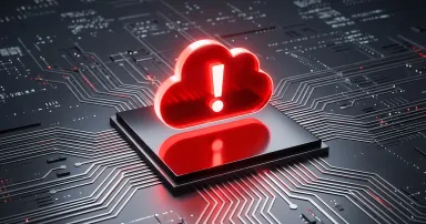 A glowing red cloud icon with an exclamation mark sits on a dark circuit board, symbolizing critical cloud computing error or data risk.