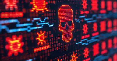 A detailed digital illustration of a skull and virus icons on a red code screen, symbolizing cyber threats, hacking, and digital security breaches.