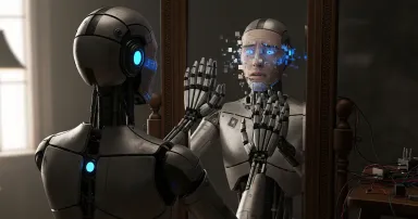 An android looks into a mirror and can't figure out what or who it is.
