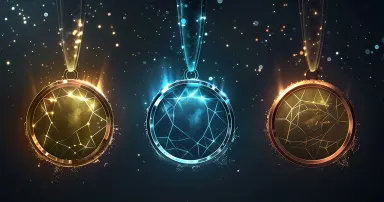 Three Olympic medals in the style of technological and digital, consisted with geometric shape and glowing spots