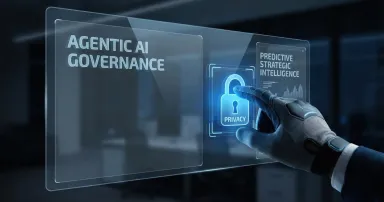 Robotic Hand Accessing Privacy Lock Icon on Transparent Digital Interface with Agentic AI Governance and Predictive Strategic Intelligence for Secure Data Optimization
