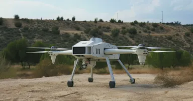 Battle war drone flying in the sky, an unmanned combat aerial vehicle, controlled by war ground control station.