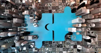 merger and acquisition business concept, join company on puzzle pieces, 3d rendering