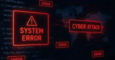 Digital computer screen with system error messages and cyber attack warning representing online hacking and data breach