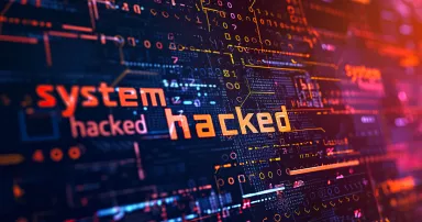 System hacking with info message. Background with a code on a blue background and a virus warning. Cyber security and cybercrime