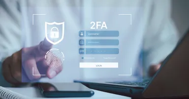 Cyber security in Two factor authentication or 2FA concept. Safety shield icon while access on phone with laptop for validate password. Mobile OTP secure Verification method. Privacy protect data.