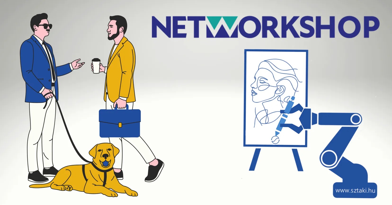 Networkshop logó, rajz vakvezető kutyás férfiról és üzletemberről, grafika a portrérajzoló robotról.